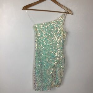 Crystal Doll One Shoulder Sequin Mini Dress Size S